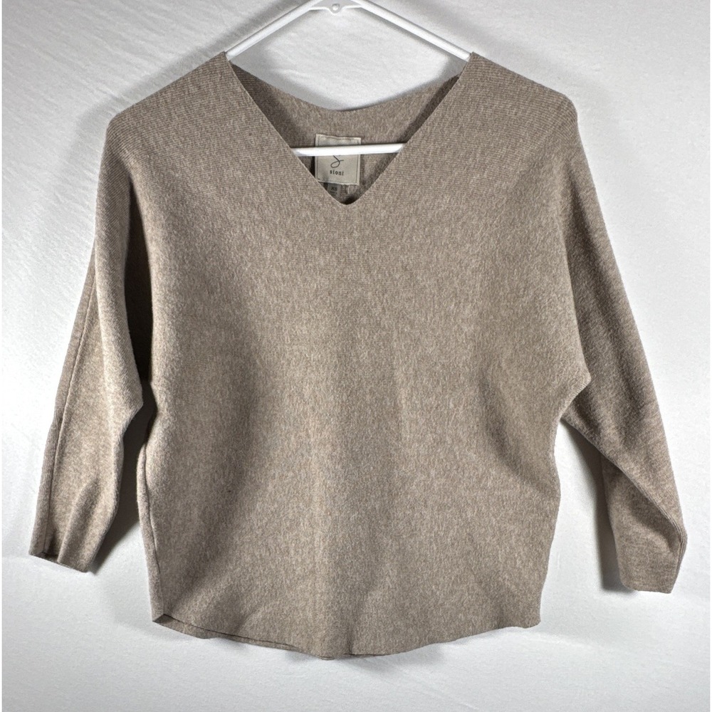 Sioni Womens Beige Solid Knit V-Neck 3/4 Sleeve Pullover Sweater XS RN163742